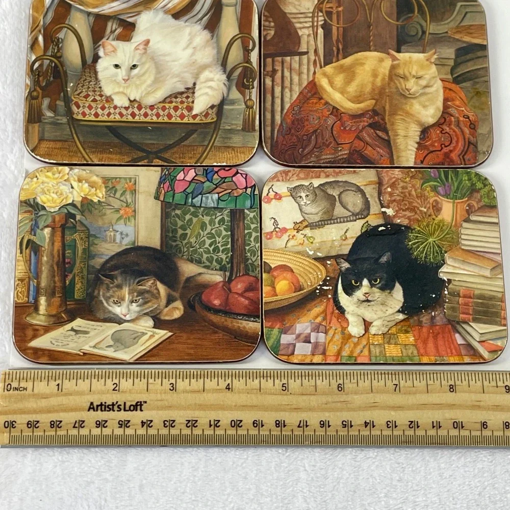 Vintage Cat Art Coasters Set of 6 Cork Backed Square Tuxedo Ginger White Cats